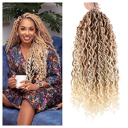 5 Packs River Faux Locs Crochet Hair 22inch Boho Goddess Locs Crochet Hair Omber Blonde Curly Faux Locs Wavy Crochet Hair with Curly Ends Boho Style Synthetic Hair Extensions (22" 5Packs 27/613#)