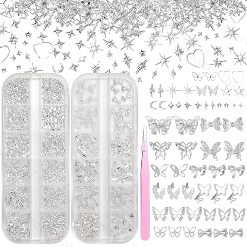 300 Pcs Silver Nail Charms and Gems Butterfly Nails Charms Butterflies Bow Cross Star Moon Hollow Mix Rivet Nail Art Studs 3D Silver Butterfly Charms for Nail DIY