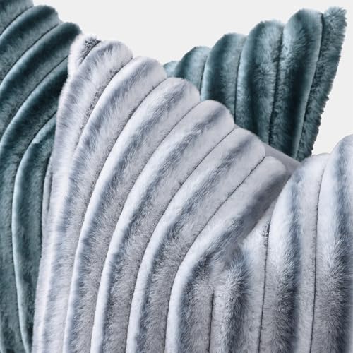 Image of decorUhome Fall Cozy Faux Fur Throw Pillow Covers 20x20 Set of 2 Decorative Soft Plush Striped Modern Farmhouse Boho Couch Pillow Cases with Velvet Back for Sofa Bed Living Room, Blue Grey