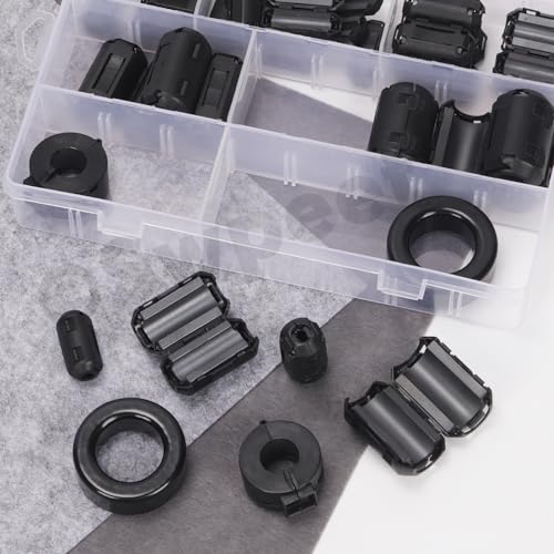 Swpeet 32Pcs 7 Größen Clip-on Ferrit Ring Kern mit Toroid Kern Assortiment Kit, RFI EMI Geräuschunterdrücker Kabel Clip für 3.5/5/7/9/13/15/42 * 24 * 16mm Durchmesser HDMI USB Kabel