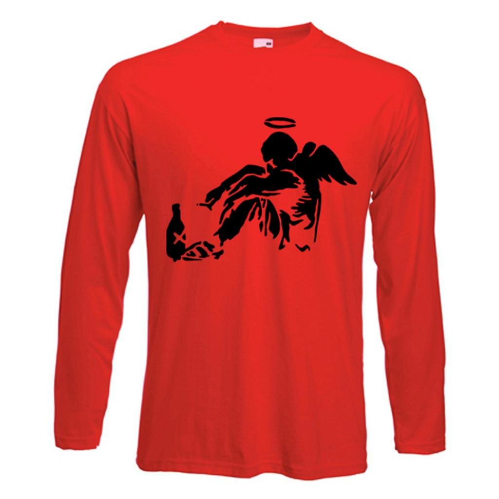 Tribal T-Shirts Mens Banksy Fallen Angel Long Sleeve T-Shirt (XL, Red)