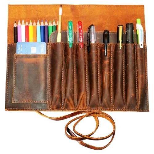 Jaald ROLL PENCIL Genuine Leather Pencil Roll Brush Case Pen Holder Organizer Brushes Ruler Stationary Pouch Gift cover