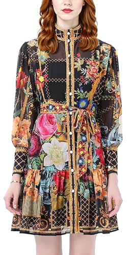 Image of LAI MENG FIVE CATS Women's Floral Print Lantern Sleeve Ruffle Casual Button Belted Thin Loose Fit Mini Dress
