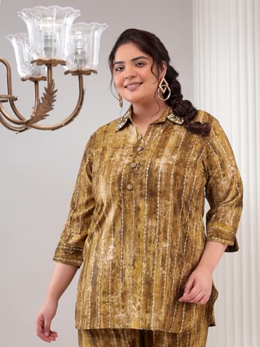 Image of Bani Women Plus Siz Green Shirt Collar Womens Tunic with Pant Co-Ord Set /Suit Set /Two Piece Dress