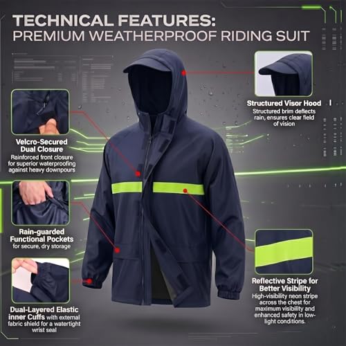 Image of HACER 100% Waterproof Raincoat for Men & Women | Unisex Full Sleeves Rain Suit Set with Pant for Bike Riding, Travel, Camping, Trekking & Hiking Rainwear (XL, Navy Blue)