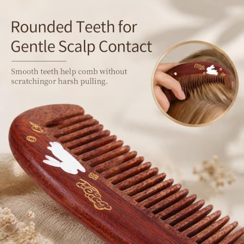 TAN MUJIANG Wooden Hair Comb for Women, Handmade Wooden Detangling Comb, Anti-Static Wide Tooth Comb with Hand-Painted Rabbit Design, Scalp Massage Hair Comb for Daily Hair Care - Image 3