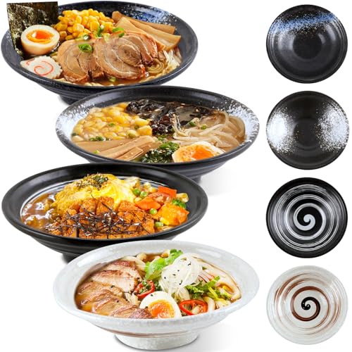 Lot de 4 bols à ramen en céramique de 600 ml - Vaisselle japonaise - Bols à soupe japonaise - Bol à noodle - Bols à céréales - Bol à collation - Bol chinois
