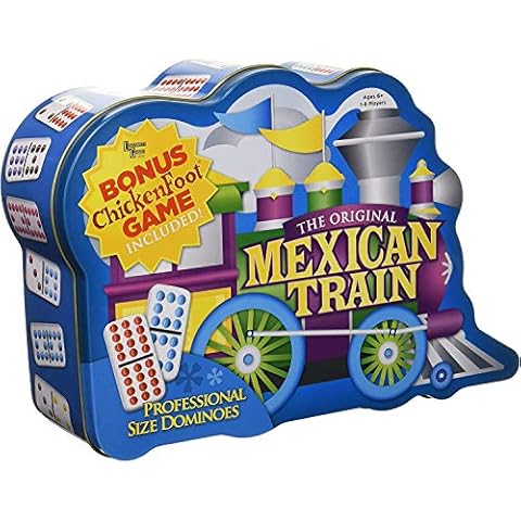 Puremco Mexican Train Double 12 Professional Size Dominoes with Bonus Chickenfoot Game Included Travel Tin Board Game, 91 Tiles, Challenging, Fun Game for Ages 6 Years & Up, Blue Cover