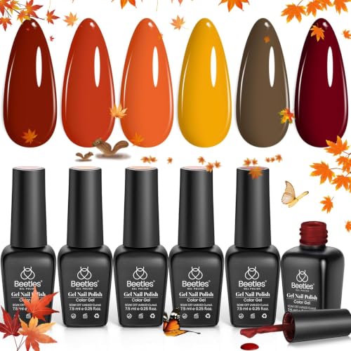 Image of Beetles Fall Gel Polish Set, Autumn Leaves, Burgundy Brown Colors | 6 Colors Orange Yellow Gel Polish Kit for Nails Soak Off UV LED Nail Gel Manicure at Home Gifts for Women
