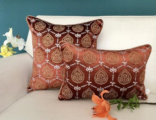 Image of TARA- Sparkling Homes 18 x 18 Inches Zari Embroidered Velvet Cushion Covers, 'Padmini' from 'The Royal Collection', Set of 1 (Burnt Orange, 18 x 18 Inches)
