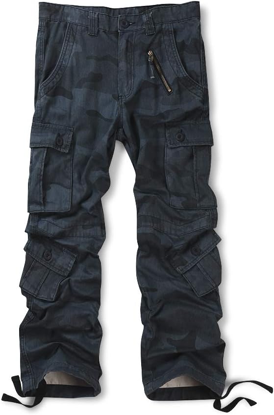 OCHENTA Men's Cotton Casual Cargo Work Pants Baggy Camo Tactical Combat Trousers with 8 Pockets (No Belt)