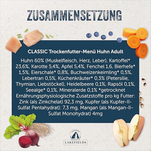 Lakefields Classic Hundefutter trocken | Huhn 60% | 2,5kg | Getreidefreies Trockenfutter für ausgewachsene Hunde | Zutaten in Lebensmittelqualität | Fenchel, Karotten & Kartoffeln | Schonend gebacken
