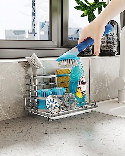 Swtymiki Kitchen Sink Caddy, Rustproof Sponge Holder For Kitchen Sink With Pull-Out Drainage Tray Large Capacity Kitchen Sink Organizer With Detachable Sponge & Brush Basket, Silver #TOP5