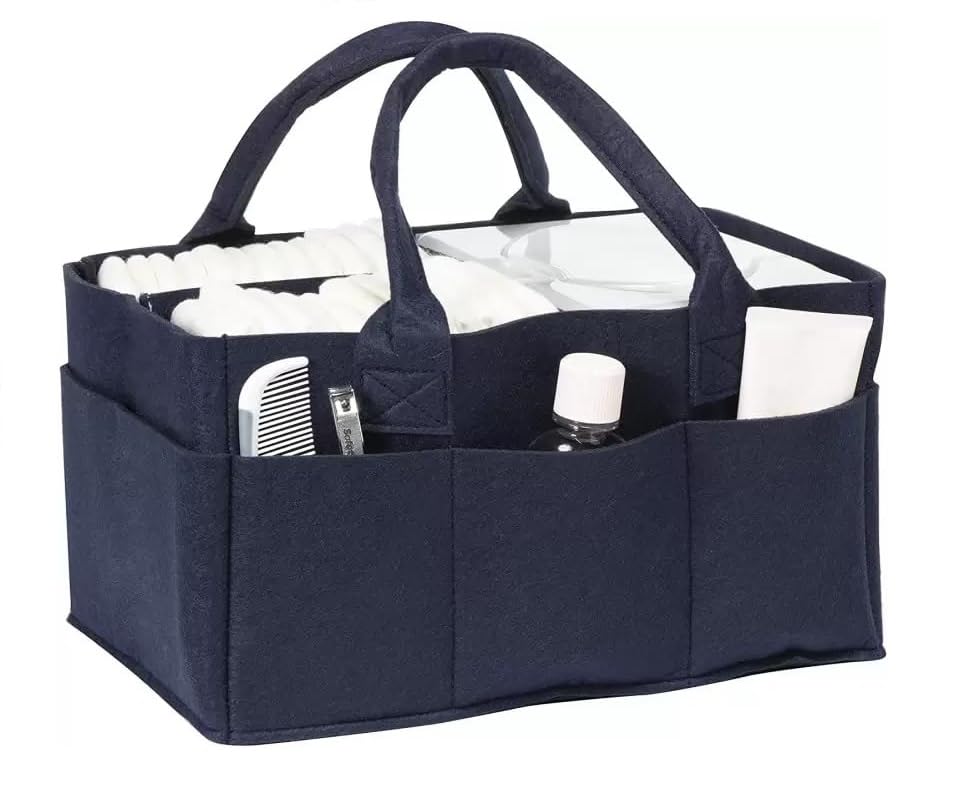 Image of UCRAVO Baby Diaper Organizer,Diaper Caddy Felt Storage Box with Pocket,Portable Baby Wipes Basket with Compartment,Nursery Storage Bin Foldable Carrying Bag Organizer for Car Travel -Blue