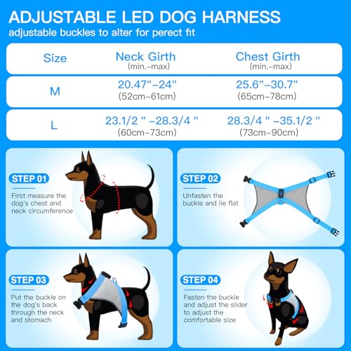 ChalkLit LED Hundegeschirr, Leuchtendes Wiederaufladbares Beleuchtetes Reflektierendes Hundegeschirr Leuchtet Im Dunkeln, LED Hunde-Sicherheitswestenlichter für Nachtspaziergänge (Blau, M)