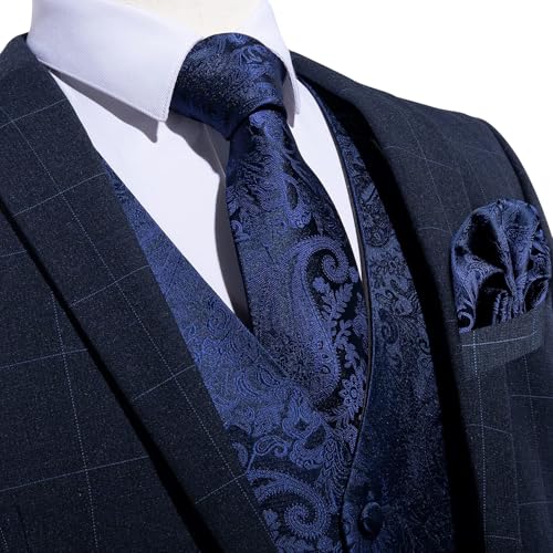 Image of DiBanGu Mens Vest and Tie Set Formal Paisley Waistcoat and Necktie Pocket Square Cufflinks Silk Suit Vest for Tuxedo Wedding