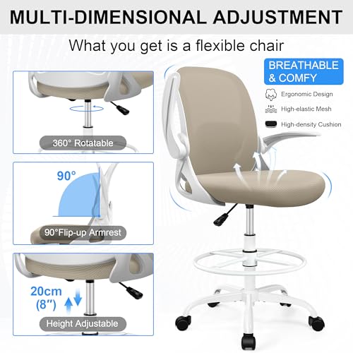 Image of Drafting Chair Tall Office Chair with Flip-up Armrests, Adjustable Height, and Enhanced Lumbar Support - Ergonomic Rolling Stool, Back Support, and Adjustable Foot Rest Ring for Standing Desk Khaki