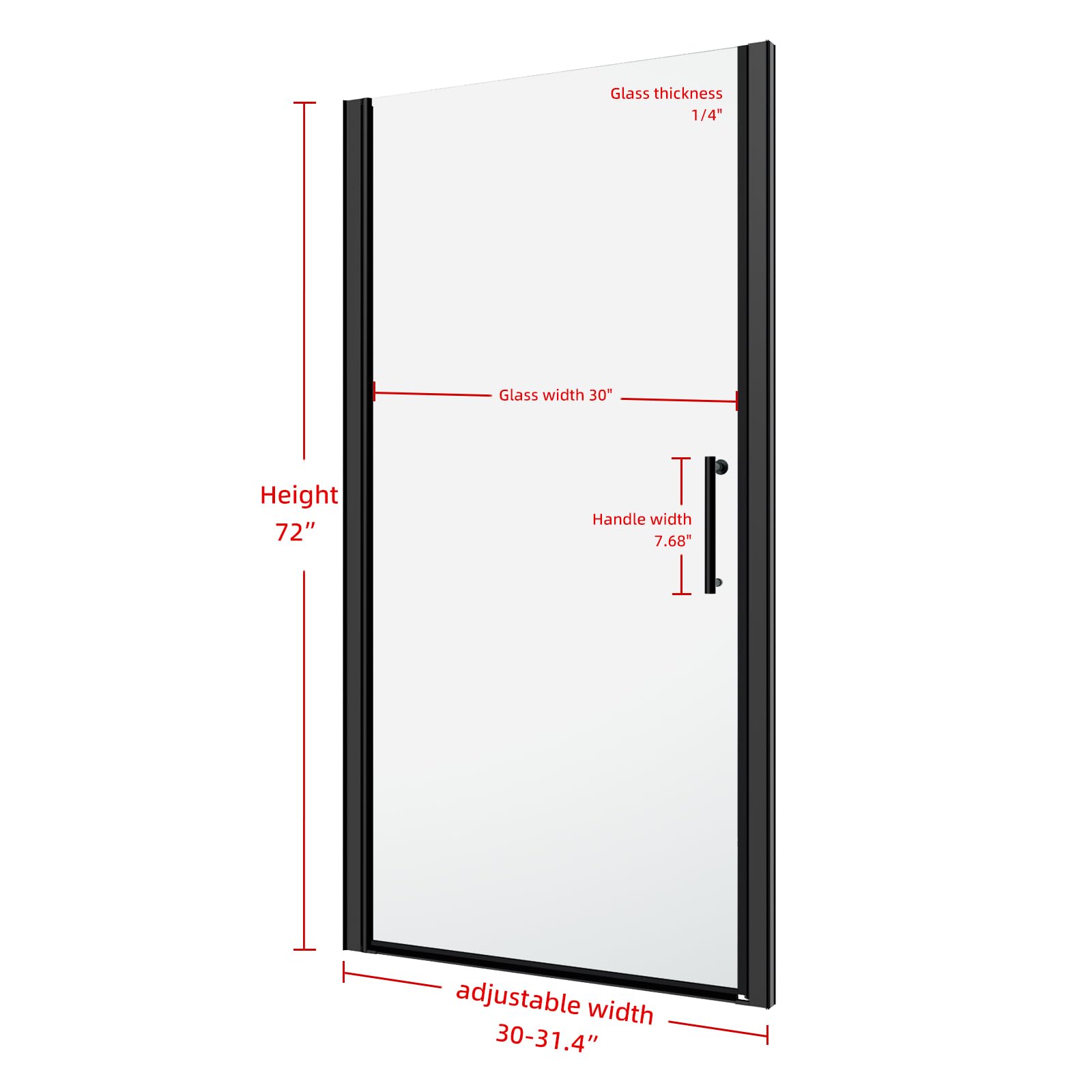 Puerta de ducha pivotante sin marco, 30-31.5 pulgadas de ancho x 72 pulgadas de alto, puerta pivotante de vidrio templado transparente de 6 mm, ancho ajustable, instalación reversible, negro mate