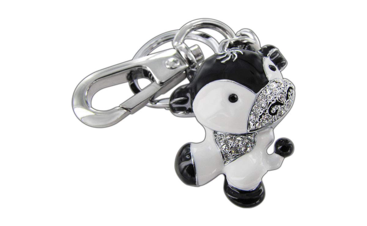 Baron-Jewelry Adorable 3D sparkling dancing cow key chain charm with hook. Crystals on nose and chest with black crystal eyes. Made of Chrome coated metal for long lasting shine.