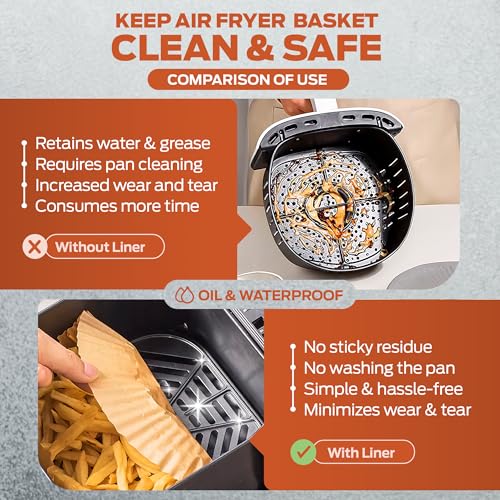 Image of PORTENTUM Air Fryer Liners 100PCS Disposable, Unbleached and Greaseproof. Suitable from 3.5 to 6 liters. Food-Grade Use Baking Paper BPA Free, FDA, and LFGB Certified, Brown