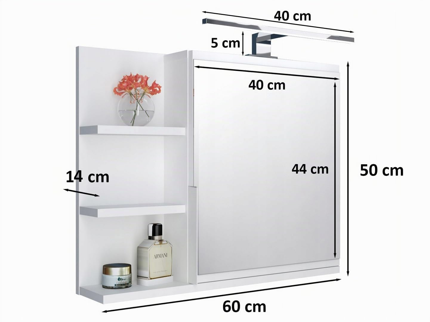 Armoire de Toilette 60x50 Blanche, Armoire de Salle de Bain avec étagères, Miroir de Salle de Bain, Armoire Murale Lampe LED - Gauche