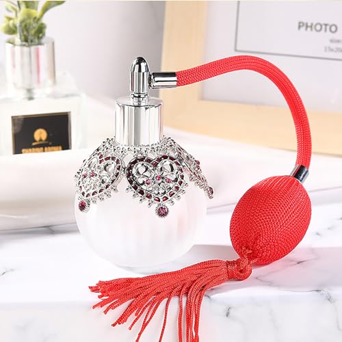 50ml Glass Perfume Bottles Spray Empty with Antique Silver Flower Figurine, 1 Pack Vintage Refillable Perfume Bottle with Red Long Tassel, Suit Girl or Women Gift for Dresser Table Decor2