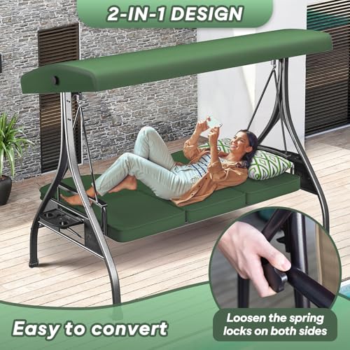 Image of ZZW 3 Seat Outdoor Porch Patio Swing with Stand 800lbs 2-in-1 Convertible Swing Bed with Adjustable Canopy & Removable Cushion for Yard Garden Deck (Green, Square Tube)