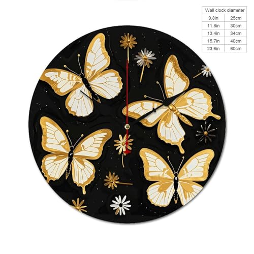Horloge murale moderne en bois 34 cm à motif papillon noir et doré sans tic-tac