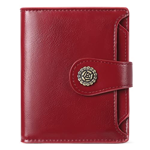 CLUCI Carteira pequena feminina de couro dobrável com porta-cartão de crédito compacto com janela para identidade, porta-moedas com zíper, Cera de óleo vermelha, Small