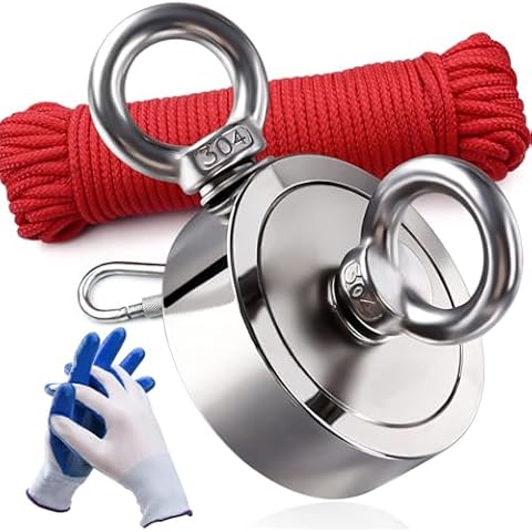 DIYMAG Strong Double Side Neodymium Fishing Magnets,1300 lbs(590KG) Pulling Force Rare Earth Magnet with 20m (65 Foot) Durable Rope and Protective Gloves,for Retrieving in River and Fishing Cover
