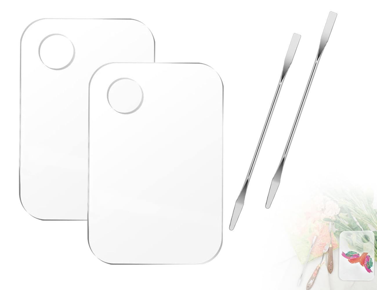 Lhbwhiz 2 Piezas Paleta de Maquillaje,Paleta de Mezcla de acrílico Transparente,Paleta de Mezcla de cosméticos,Bandeja de Mezcla de cosméticos,Herramientas de Paleta con 2 Piezas de espátula