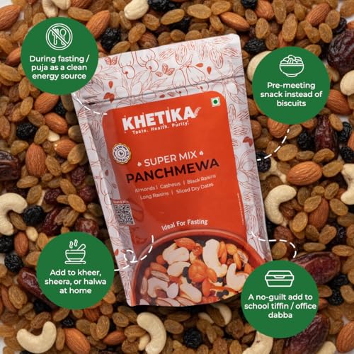 Image of Khetika Premium Panchmeva 200g | 5 Superfood in 1 Mix, Dry Fruits, Mixed Nuts, Mixed Fruits, Contains Cashew, Almond, Long Raisins, Black Raisins, Sliced Dry Dates (Pack of 2)