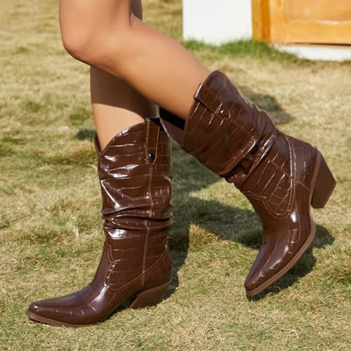 MISSMILLER Women's Square Toe Cowboy Cowgirl Boots Embroidered Mid Calf Chunky Heel Western Boots3