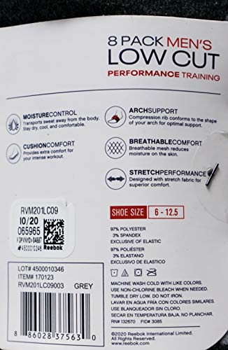 Reebok Men's Low Cut Socks Cushion Performance Training, Grey, 8 Pairs3