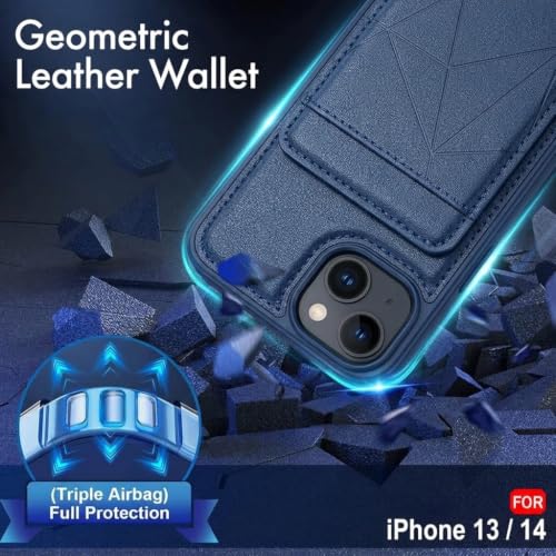 Image of amazon basics Premium Vegan Leather Back Cover with Card Holder and Integrated Mobile Stand for iPhone 13 - Slim Shockproof Wallet Case with Geometric Stitching [Blue]