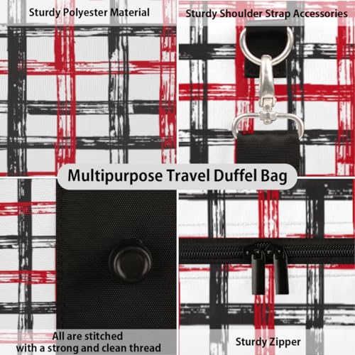 Red Black Plaid Travel Duffel Bag, Modern Pattern Sports Tote Gym Bag, Foldable Weekender Overnight Bag, Luggage Handle Bag for Women Men3