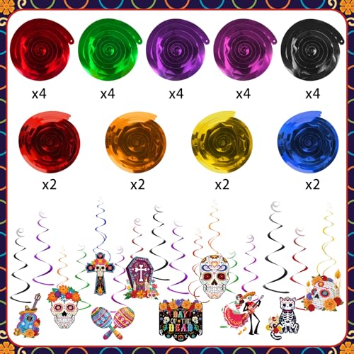 Image of 48 Pieces Day of the Dead Hanging Swirls Cinco De Mayo Party Decorations with Colorful Cross Skull Cat Bride Grave for Mexican Fiesta Themed Dia De Los Muertos Birthday Decor Supplies