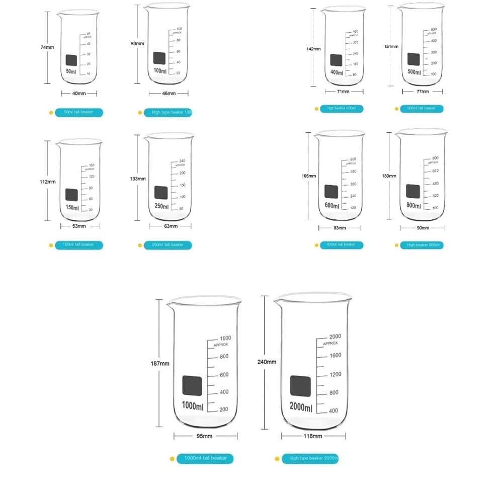 Contenitore in vetro da laboratorio 1 misurino alto in vetro borosilicato da 50 ml a 2000, laboratorio, becher graduati di precisione alta qualità(2000ml)