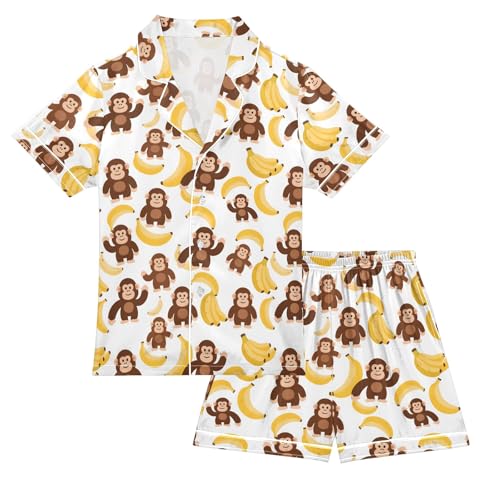 Orangutan Banana Pattern Summer Satin Pajama Set, Cute Button-Down Sleepwear Pj Set for Sleep Wears