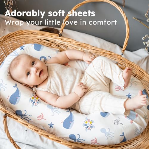 Image of Baby Bassinet Sheets, 3 Pack Fitted Bassinet Mattress Sheets, Compatible with Halo Bassinest Swivel Sleeper & Oval Hourglass Rectangle Mattress, Ultra Soft Blue Ocean Whale