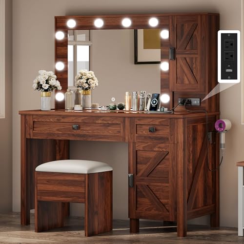 DWVO Farmhouse Makeup Vanity Desk with Mirror and Lights, 42'' Big Vanity Set with Stool, Glass Tabletop Vanity Table with 2 Drawers and Storage Shelves, Charging Station, 3 Lighting Colors, Brown
