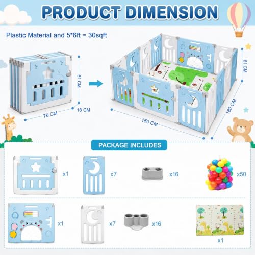 Image of Playpen for Babies Up to 5 Years with Balls Panel Baby Playpen with Safety Gate, Kids Play Area Indoor Setup, Play Yard Fence for Toddlers,Children (Blue, 16 Panel)