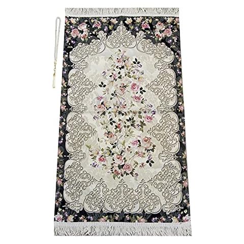 Muslim Prayer Rug with Prayer Beads | Janamaz | Sajadah | Soft Islamic Prayer Rug | Islamic Gifts | Prayer Carpet Mat, Floral Pattern, Chenille Fabric, Black Cover