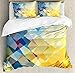 Ambesonne Yellow and Blue Duvet Cover Set, Ombre Pattern in Factal Squares Broken Mosaic Form Modern Artistic, Decorative 3 Piece Bedding Set with 2 Pillow Shams, King Size, Orange Yellow