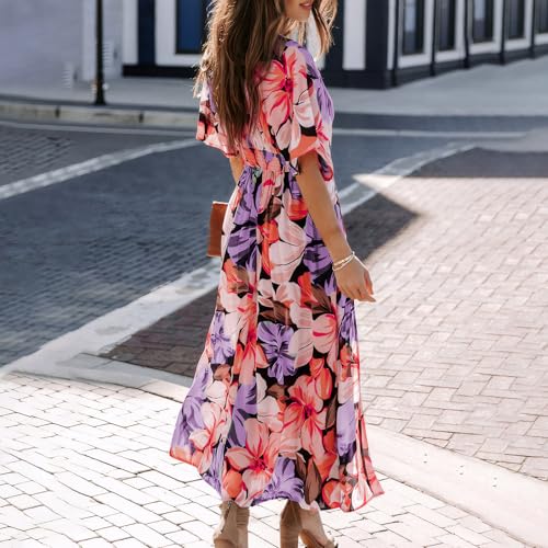 Image of Women's Floral Print Boho Dress Side Split Deep V Neck Short Sleeves Maxi Dress A-Line Flowy Maxi Dresses