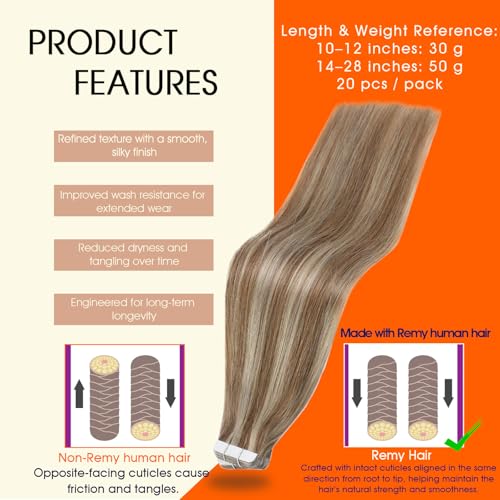Image of Full Shine Long Lasting Tape in Extensions Human Hair,10P613 Light Linen Blonde And Chestnut Brown,16Inch 50G 20Pcs,Seamless Natural Blend Human Hair Extensions for Fuller Hair,Silky Straight