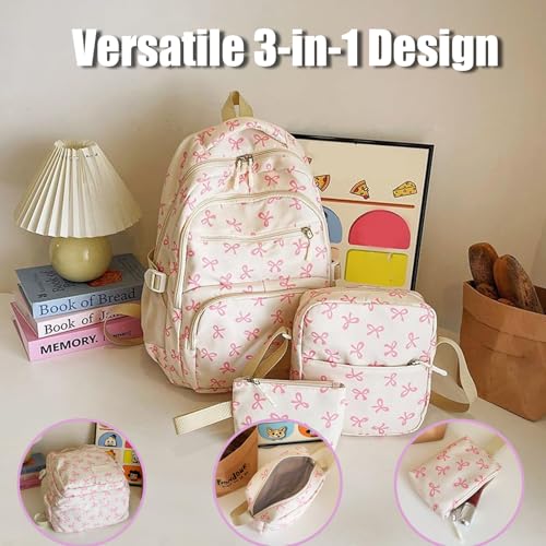 Coquette Bow Backpack 3Pcs Set, 3Pcs Set Bow Backpack for Girls, Cute Kawaii Backpacks Set Large Capacity (White)2