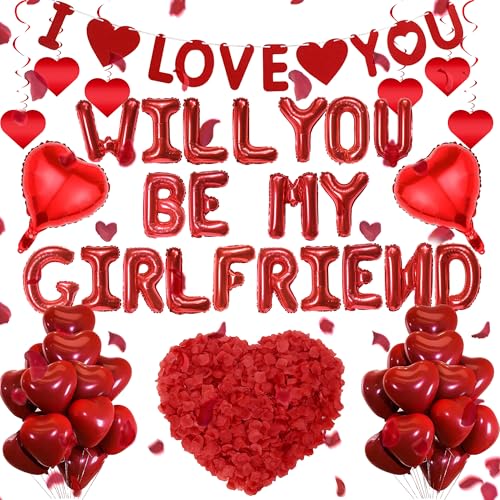 Will You Be My Girlfriend - 554 globos de papel de aluminio con letras rojas con texto en inglés 'I Love You', decoración en espiral para aniversarios, San Valentín, confesiones, bodas, cumpleaños