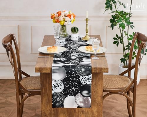 Image of Letjolt Silvery Black Balloon Happy Birthday Table Runner 72 Inches | Linen-Like Fabric, Celebrate Birthday Party Table Decor