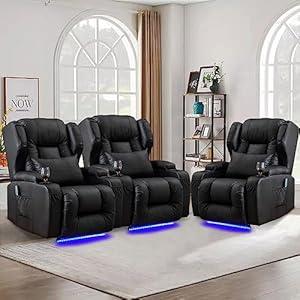 Power Recliner Chair Set of 3 Overstuffed Home Theater Seating wHeat Massage Electric Movie Gaming Sofa Reclining Sleeper Chair with LED LightLumbar PillowUSB PortCup Holders